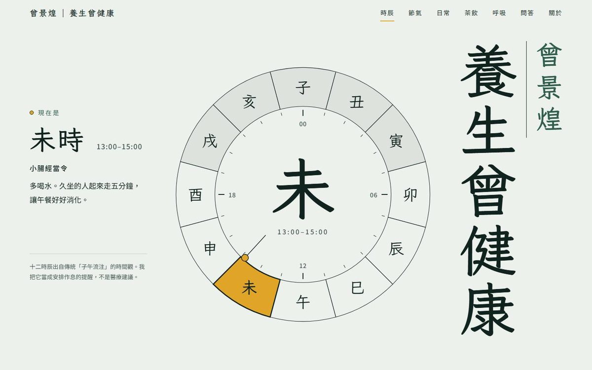 曾景煌｜養生曾健康網站首屏：十二時辰養生鐘標出現在的時辰，右側直排標題「曾景煌　養生曾健康」