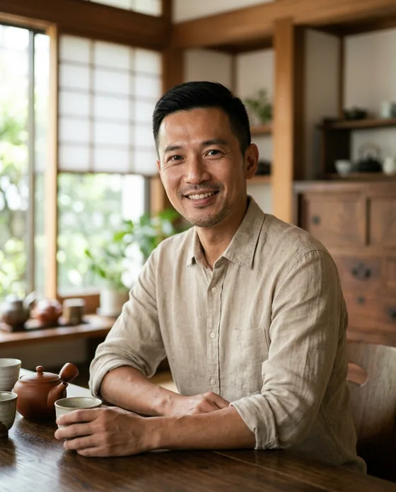 曾景煌形象照：穿亞麻襯衫坐在茶桌前，手握茶杯微笑（AI 生成）